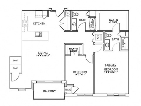 Floor plan for 2 beds, 2 baths, 1266 sqft